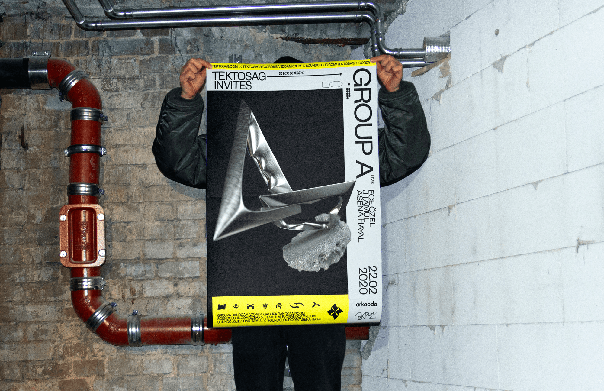 title:TEKTOSAG INVITES GROUP A [event] description: Identity and poster design for Istanbul-based label Tektosag X Arkaoda event. year:2020
